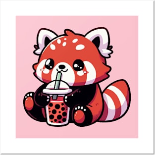 cute red panda drink red boba Posters and Art